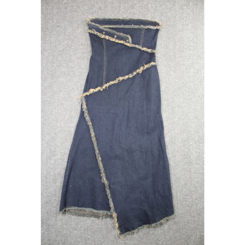 Vintage Studio F Y2k Denim Maxi Dress Strapless Blue Frayed Trim Asymmetrical